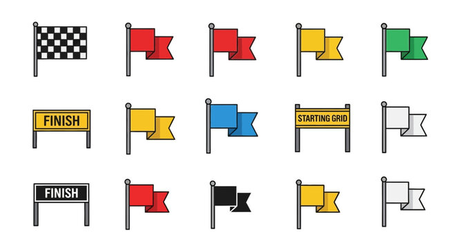 Dynamic collection of racing flags, finish line banners, and starting grid signs, illustrating competition, victory, and the spirit of sports events