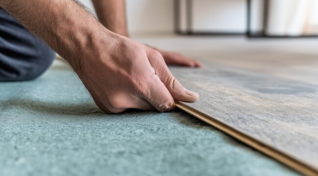 man hands installing laminate flooring on green underlayment close up