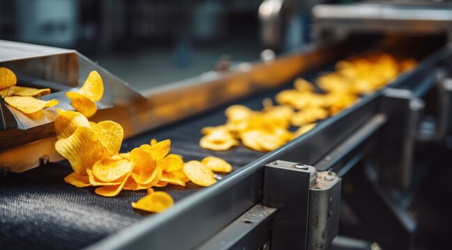 Golden potato chips falling from metal chute onto conveyor belt in food factory
