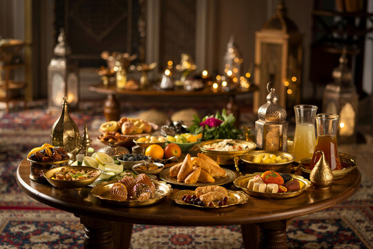 Traditional ramadan iftar table with various middle eastern dishes and sweets
