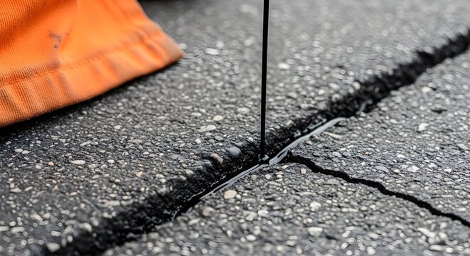 Asphalt Repair In Progress Worker Mends Crack In Road Surface