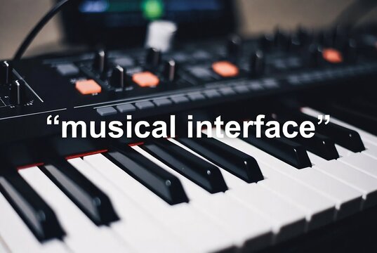 A close-up of a musical keyboard controller with text overlay.