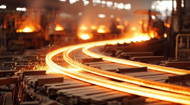 Glowing hot steel rails moving on conveyor in steel mill plant