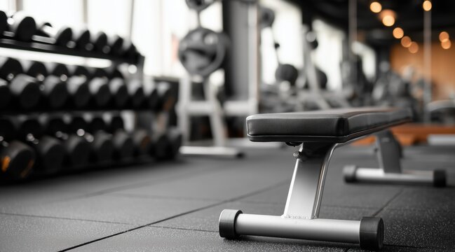 Black weight bench in gym with dumbbell racks in background