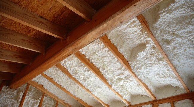 White spray foam insulation applied between wooden roof rafters