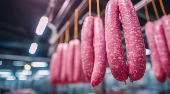 Fresh sausages hanging in row in industrial meat processing plant