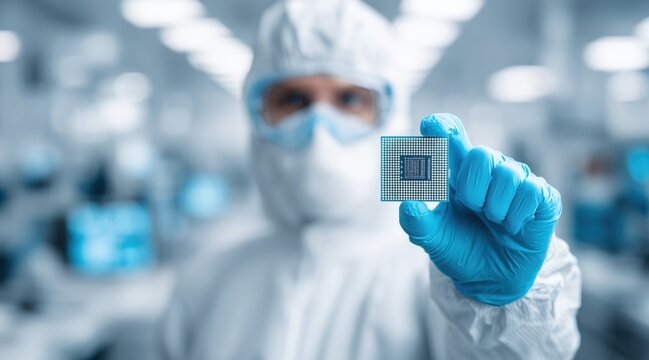 Engineer in cleanroom suit holding semiconductor microprocessor in high tech facility