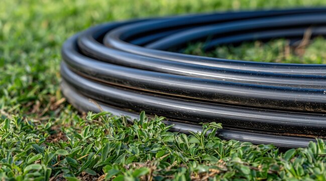 Black plastic pipe coil lying in green grass