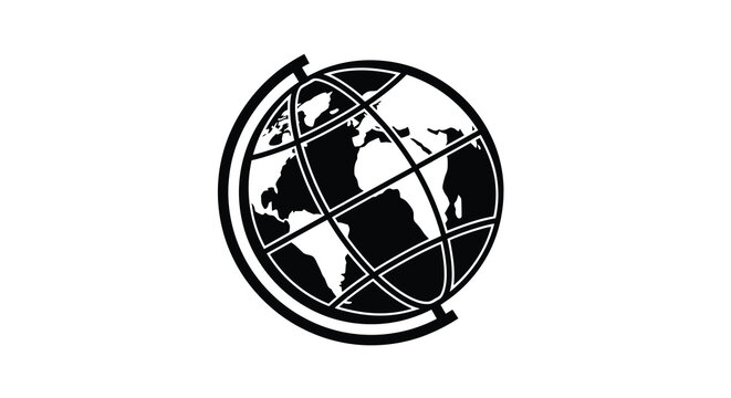 A black and white illustration of a globe encircled by a metal frame