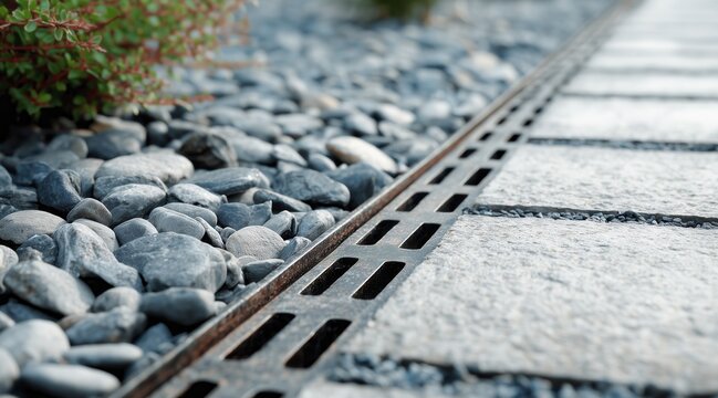 Metal trench drain grate between stone pavers and pebble landscaping