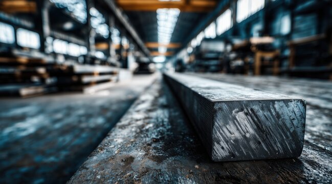 Long metal bar profile in industrial factory workshop