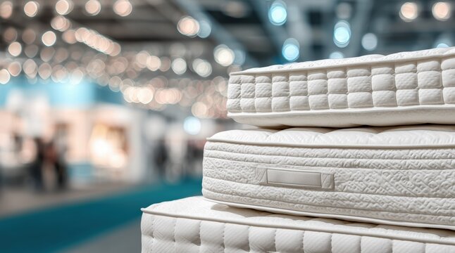 Stack of white quilted mattresses in blurred showroom
