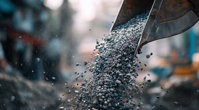 Excavator bucket pouring gravel at construction site