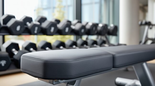 Black leather weight bench in gym with blurred dumbbells rack