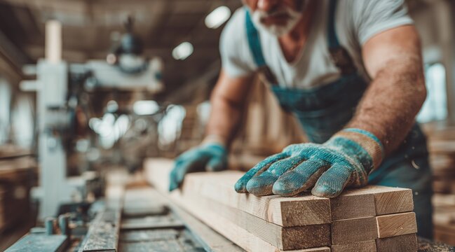 worker hands in protective gloves on stack of wood planks in carpentry workshop