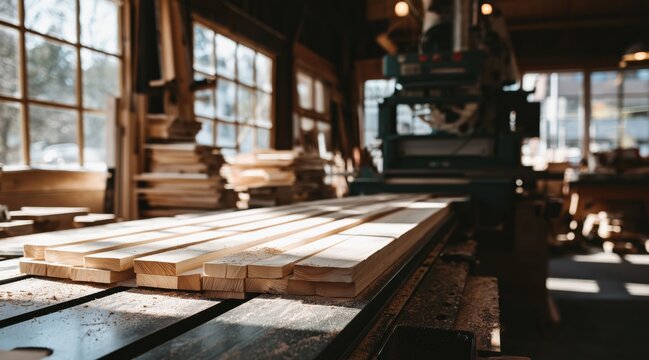 Stacked timber planks on machine table in sunlit woodworking workshop