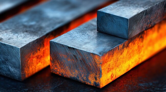 Glowing hot metal bars with orange heat and metallic texture