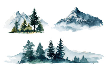 Naklejka premium Watercolor mountain forest landscape elements isolated on transparent background. Watercolor scenic mountain and forest landscape set isolated on white background.