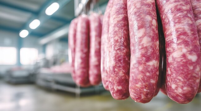 Raw sausages hanging in meat processing factory
