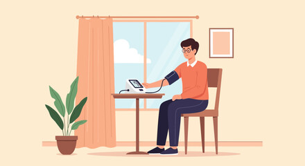Fototapeta premium Man checks blood pressure at home, health monitoring, medical device, healthy lifestyle