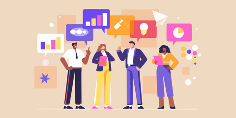 Fototapeta premium Diverse team brainstorming innovative ideas with digital icons overhead