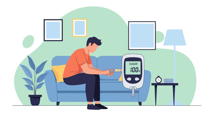 Fototapeta premium Man checks blood sugar level with glucose meter at home, diabetes management concept