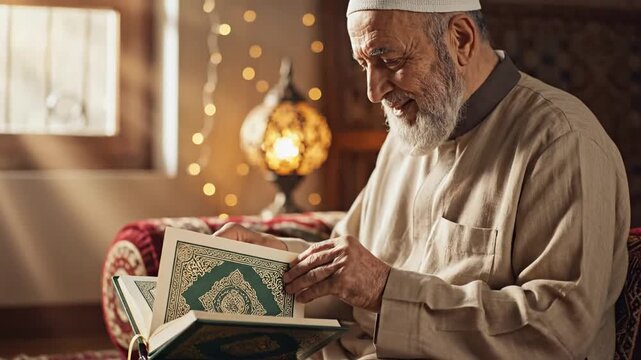 Elderly Muslim man reading Quran peacefully at home