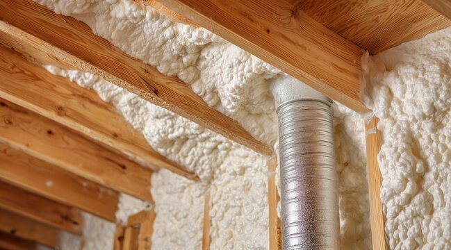 Spray foam insulation in attic with wooden joists and metal vent pipe