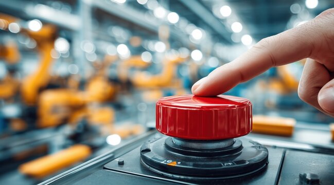 Close up of hand pressing red emergency stop button in industrial factory