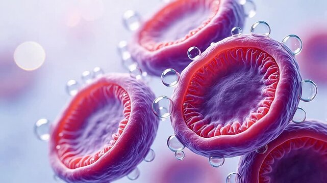 Microscopic view of cells and bubbles