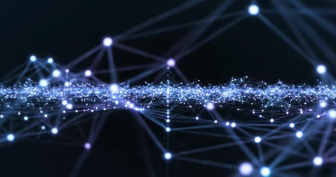Abstract digital network with glowing nodes and connecting lines against a dark background