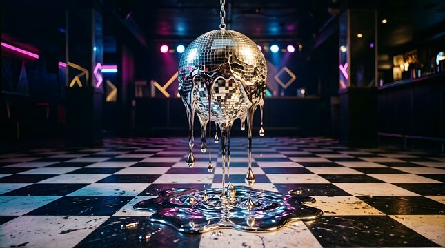 A melting disco ball in the shape of a skull hangs from the ceiling in a dark nightclub with a black and white checkered floor.