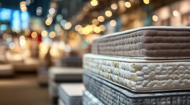 Stack of mattresses in furniture store showroom with bokeh background