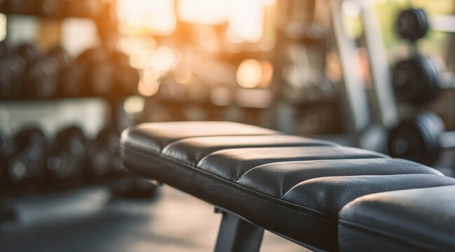 Close up of black leather weight bench in blurred gym interior
