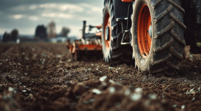 Close up of tractor wheels on freshly plowed soil in field