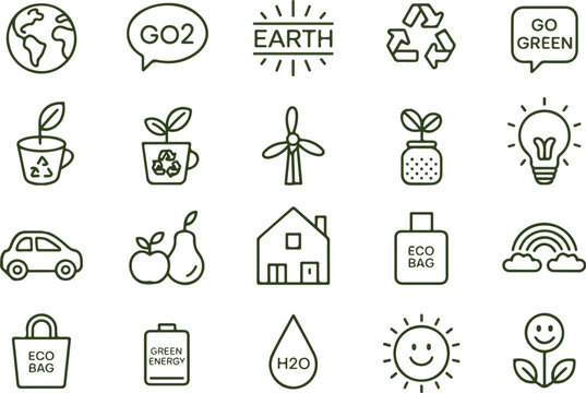 Minimalist environmental line icon set featuring recycling earth renewable energy green living and sustainability symbols in clean grid
