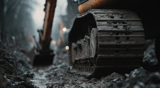 Close up of muddy excavator track on construction site