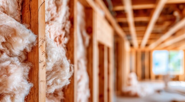 Fiberglass insulation between wooden studs in house under construction