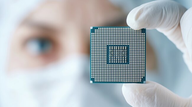 Professional in protective suit holding computer microchip
