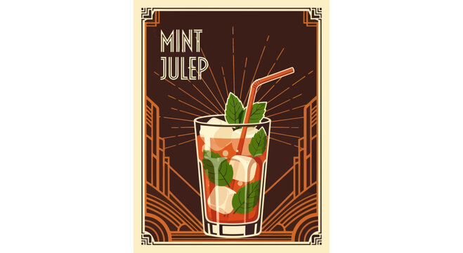 Art Deco Mint Julep Cocktail with Mint Leaves, Ice, and Straw - Vintage Illustration