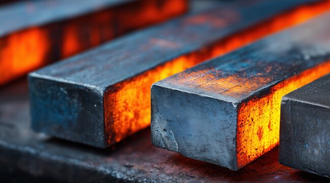 Red hot steel billet during industrial metal production process