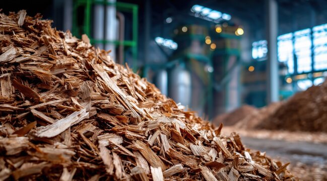Close up of wood chips pile in industrial biomass processing facility