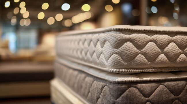 Mattresses stacked in furniture store showroom with bokeh background