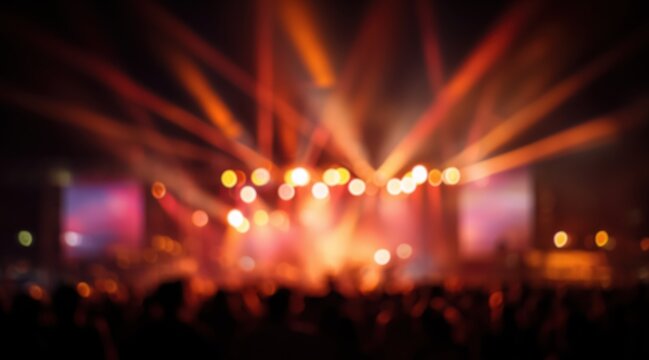Blurred music concert with bright orange stage lights and crowd silhouettes