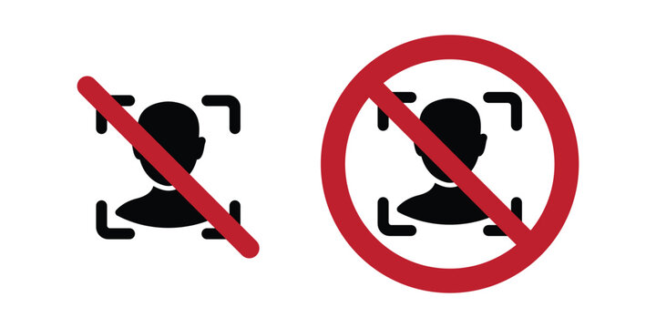 No Facial Recognition Icons Set with Red Slash and Prohibition Circle, Biometric Privacy Protection Symbols, Anti Surveillance Signs, AI Face Detection Ban, Digital Security Concept Illustration