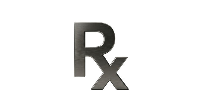 A metallic rx symbol, representing prescription and medication, isolated on a clean white background with a subtle metallic sheen.