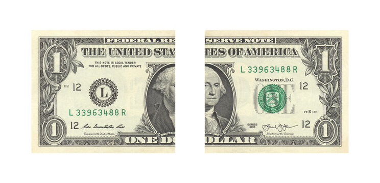 Torn one dollar bill split in half on white background symbolizing financial crisis and economic hardship