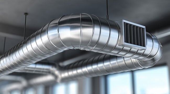 Silver metal air ventilation ducts with vent on ceiling