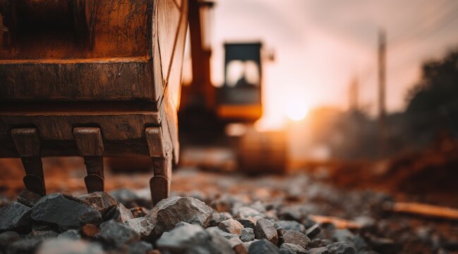 Close up of excavator bucket teeth on gravel ground at sunset