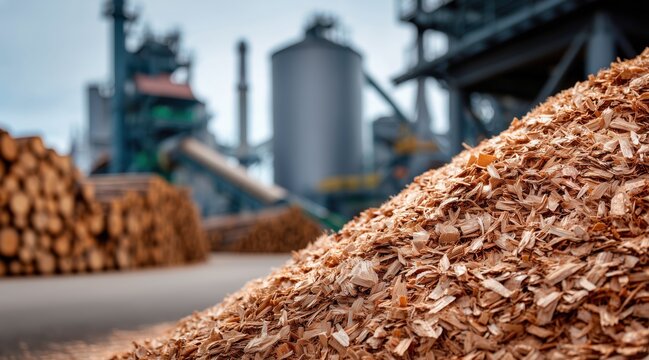 Wood chips pile at industrial processing facility with logs and factory equipment